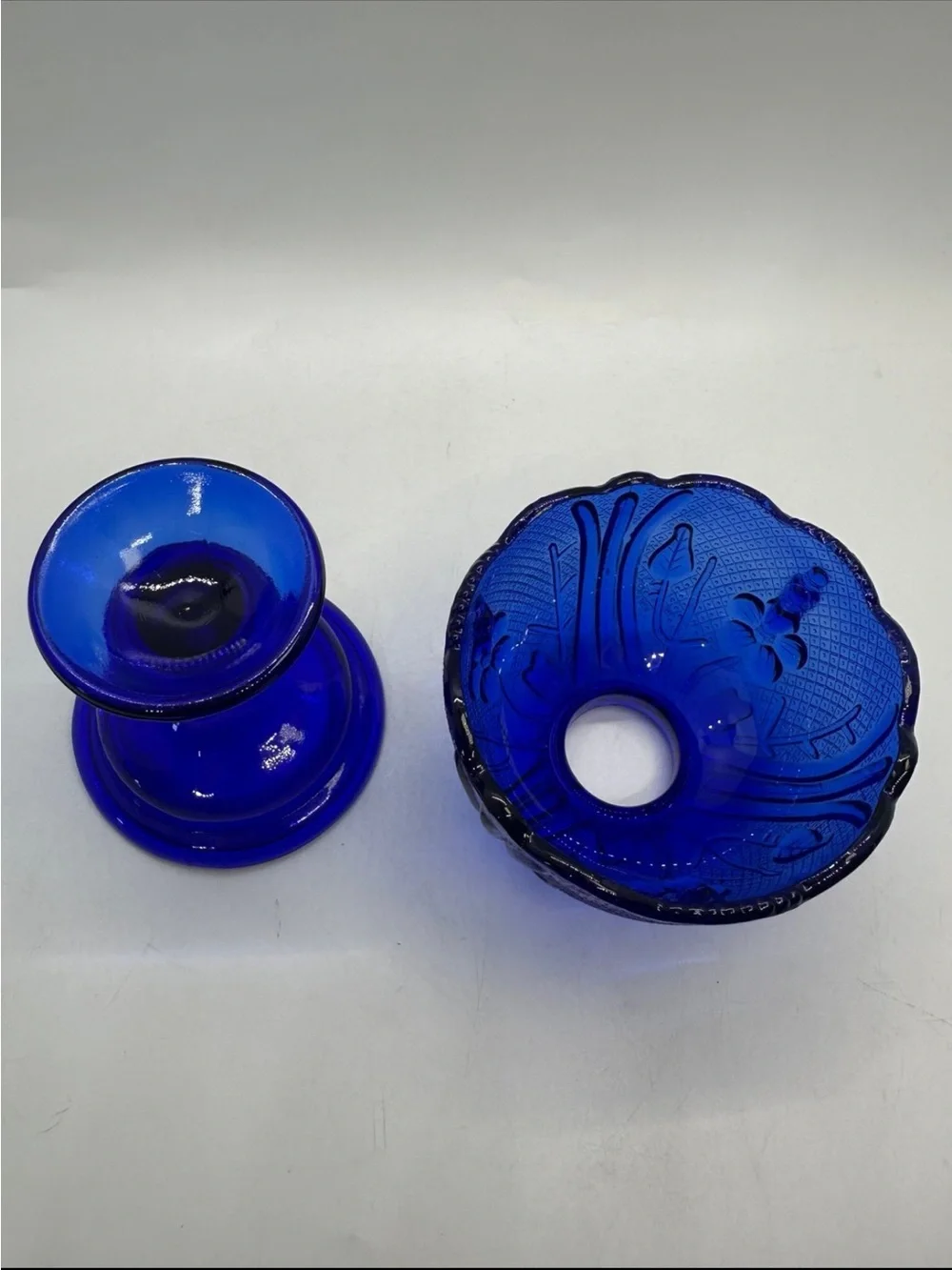 Cobalt Blue Glass Fairy Lamp Light 2pc embossed glass flowers Vintage